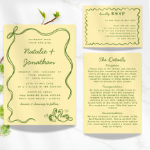 Whimsical Hand Drawn Swans Retro Yellow Wedding