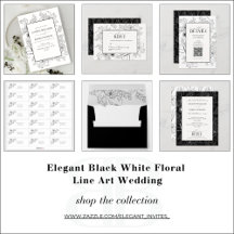 Elegant Black White Floral Line Art Wedding