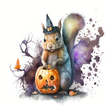Halloween Watercolor Squirrel and Pumpkin
