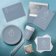 Dusty Blue Faux Silver Vintage Crest Boy Baptism