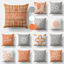 Modern Orange, Gray and white Throw Pillows