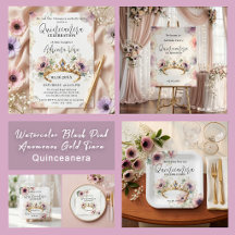 Watercolor Pink Anemones Gold Tiara Quinceañera