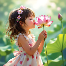 Pretty Little Girl Smelling a Lotus Flower