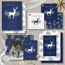 Navy Blue White Christmas Deer Evergreen Sprigs