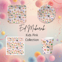Eid Mubarak Kids Pink Cups, Plates & Napkins