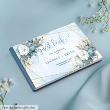 Boho Dusty Blue White Gold Floral Guest Books 210W