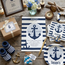 Nautical Navy Blue and White Stripes Anchor