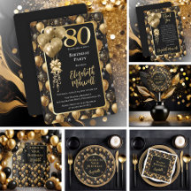 Elegant Black Gold Balloons 80th Birthday Party 