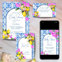 Blue tiles Bougainvillea Mediterranean Baby Shower