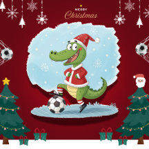 Crocodile in Christmas costume and soccer ball