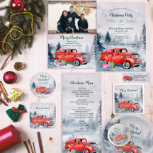 Vintage Watercolor Red Christmas Holiday Truck