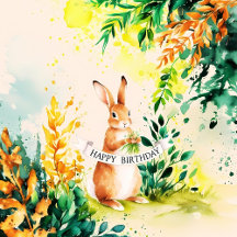 watercolour rabbit and foliage happy birthday