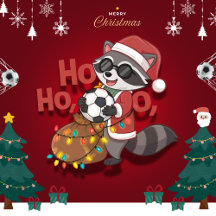 Christmas raccoon stealing a soccer ball