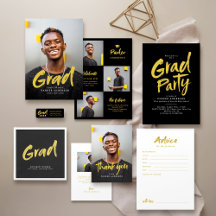 Black & Gold Simple Modern Brush Script Grad Party