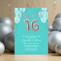 Teal Silver Foil Sweet 16 Bday Balloons Party