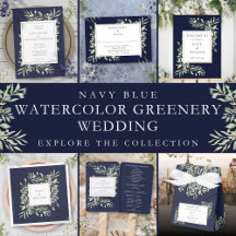 Navy Blue Greenery Floral Wedding Invitation Suite