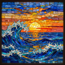 Stained Glass Mosaic Ocean Sunset Cards and Gifts 