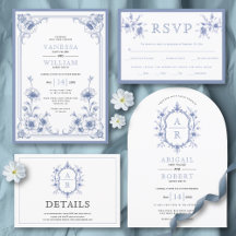 Elegant vintage blue floral crest monogram wedding