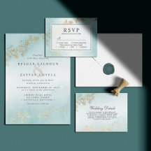Modern Gold Flecks Teal Mist Watercolor Wedding