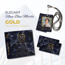Elegant Navy Blue Marble Gold Square Monogram