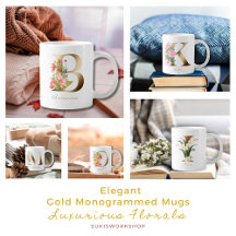 Elegant Gold Monogrammed Mugs - Luxurious Florals