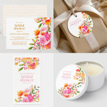 Modern Pink Orange Watercolor Floral Bridal Shower