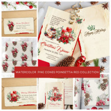 Pine Cones Holly Berries Vintage Watercolor Xmas