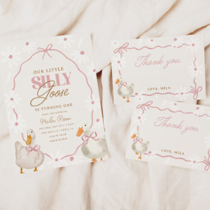 Invitación Pink Bow Silly Goose Coquette Cumpleaños