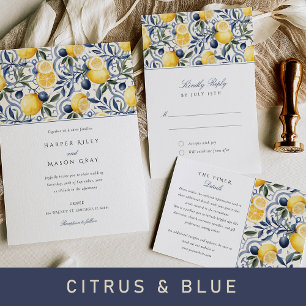 Tarjeta De Recepción Información Boda de Citrus Italiano y Azulejo Azul