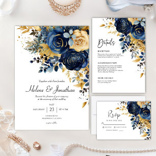 Invitación Boda elegante de jardín azul marino floral dorado