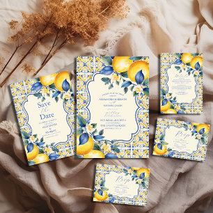 Tarjeta De Recepción Blue Mediterranean Italiano Tile & Lemon Boda