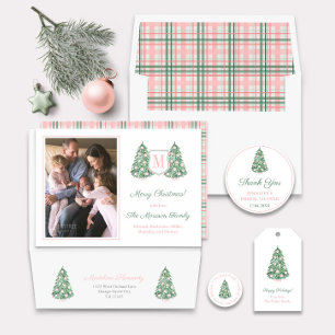 Tarjeta Festiva Monograma verde rosa precoz Fotos navideñas