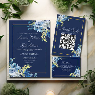 Tarjeta De Confirmación De Asistencia Boda de código Qr elegante de floral de oro azul d