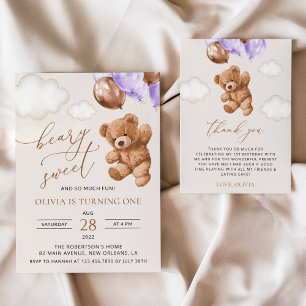 Invitación Oso de peluche, globos morados, primer cumpleaños