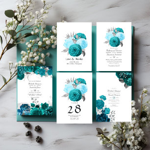 Tarjeta De Agradecimiento Verde azulado - Boda floral turquesa y plateado