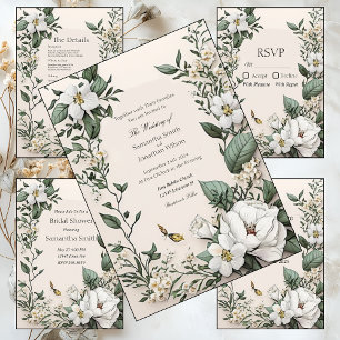 Invitación Ensayo de magnolias blancas y Bodas de mariposa