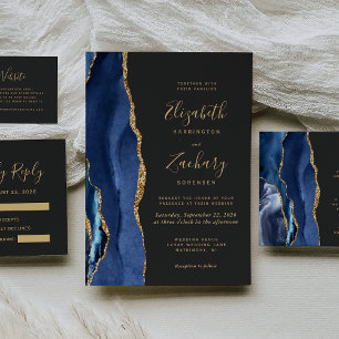 Invitación Chic Navy Blue Gold Agate Dark Wedding Invitation