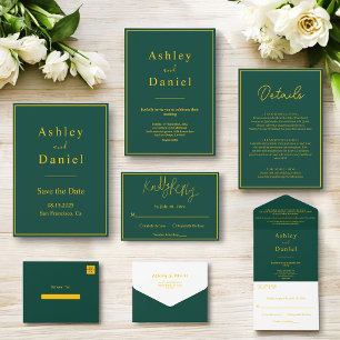 Invitación Todo En Uno Moda Mínima Boda Formal Verde Y Oro Clásico
