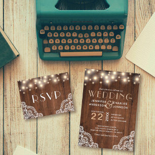 Invitación Rustic Wood String Lights Lace Boda