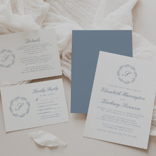 Tarjeta De Recepción Guion de monograma Corona Detalles de boda azul po