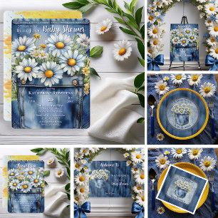 Tarjeta De Agradecimiento Denim Blue Jean   Daisies Floral Baby Shower