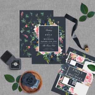Invitación Floral rosa Rubor azul de la marina romántica