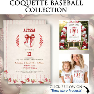 Invitación Coquette Baseball Red Bow Floral Vintage Cumpleaño