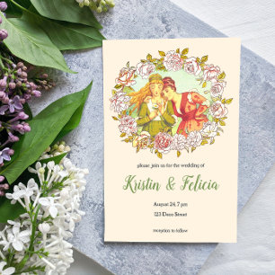 Tarjeta Pequeña Gracias a Vintage Art Nouveau LGBTQ Dos novias