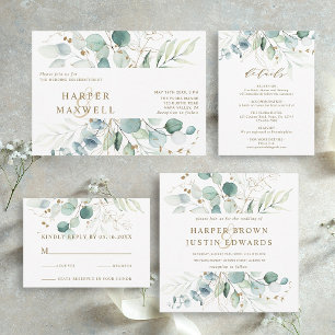 Invitación Boda botánico de acuarela dorada y verde