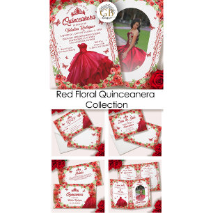 Pegatina Redonda Purpurina Rojo Floral Sparkle Quinceanera