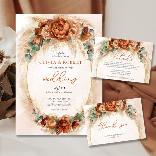 Tarjeta De Recepción Detalles elegantes de pampas de cobre y flores de 
