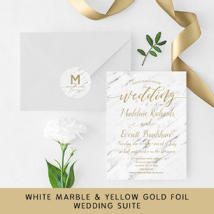 Elegante Mármol Blanco y Boda de Oro Invitación