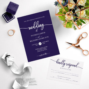 Invitación Elegante Boda De Caligrafía Azul Y Blanca De La Ma
