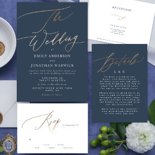 Invitación Con Relieve Metalizado Navy Blue Elegant Gold El Boda